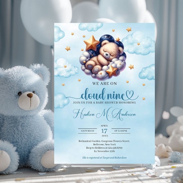 Populärt moln för nio Boy Baby Shower Inbjudningar (we are on cloud nine sleeping teddy bear boy baby shower invitation)