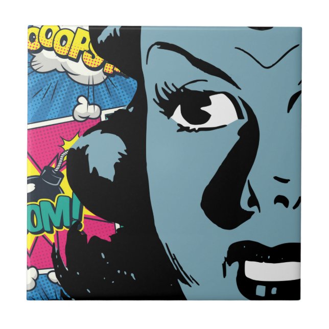 Populationsuttryck i Retro Tecknad Stil Blue Woman Kakelplatta (Framsidan)