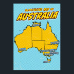 Popup Art Illustrated Australia Poster<br><div class="desc">Detta illustrerade karta i Australien återges i ett pulserande popkonst stil. Karta är skrivet i svart och fyllt med en ljus gult färg,  mot blå bakgrund med ett prickat mönster. Australiens storstäder märks i blå lådor</div>