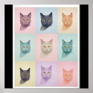 Popup Art-kattfoto Modern Trendig Retro Färg block Poster