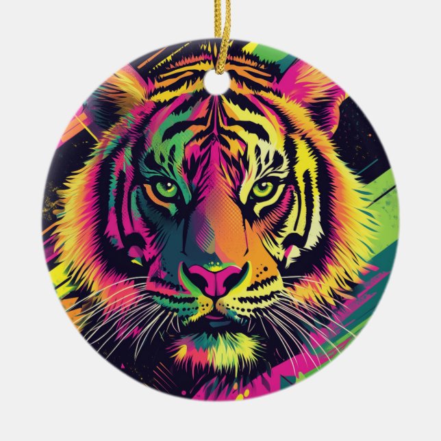 Popup Art Tiger Illustration med Neon Färg Julgransprydnad Keramik (Framsidan)