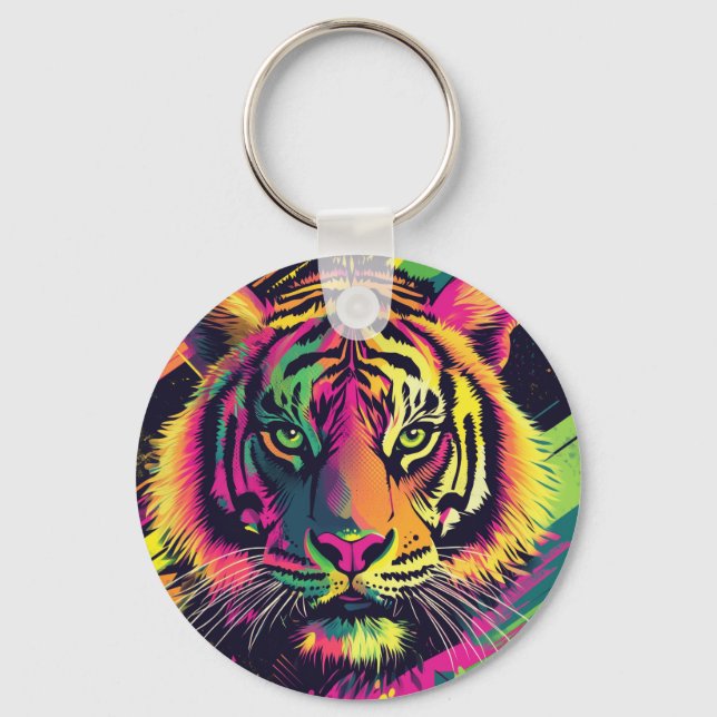 Popup Art Tiger Illustration med Neon Färg Nyckelring (Framsida)