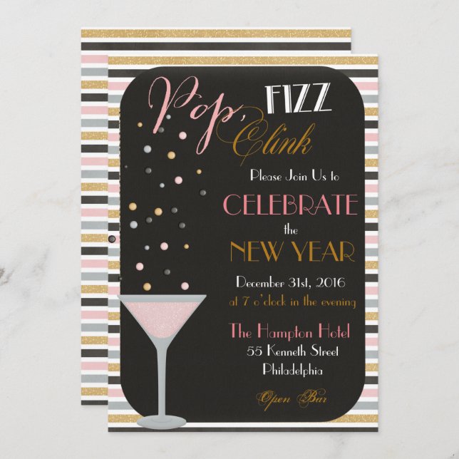 Popup Fizz Clink New Years-inbjudan Inbjudningar (Fram/baksida)