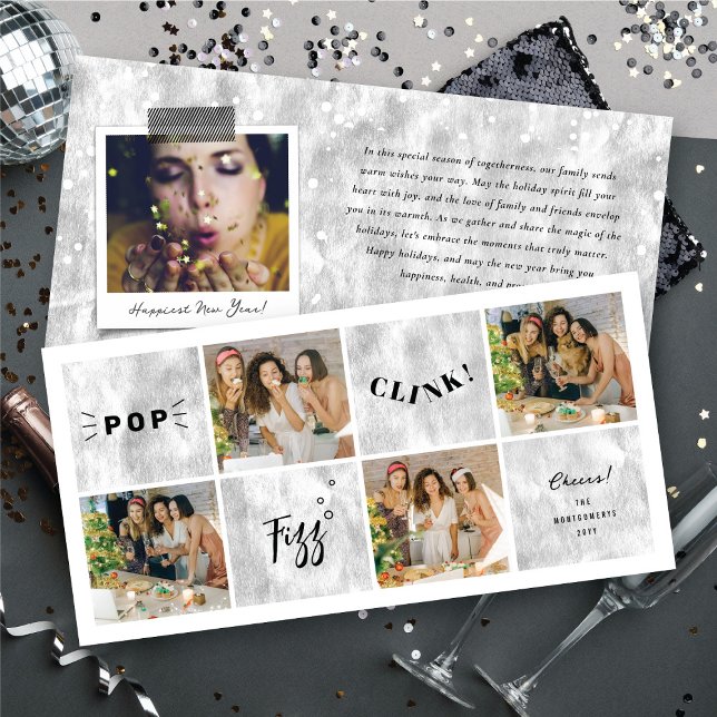 Popup Fizz Clink nyårsblock 4 Photo Collage Julkort (Pop Fizz Clink New Year Blocks 4 Photo Collage Holiday Card @ fat_fa_tin)