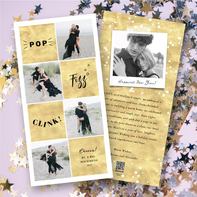 Popup Fizz Clink nyårsblock 4 Photo Collage Julkort (Pop Fizz Clink New Year Blocks 4 Photo Collage Holiday Card @ fat_fa_tin)