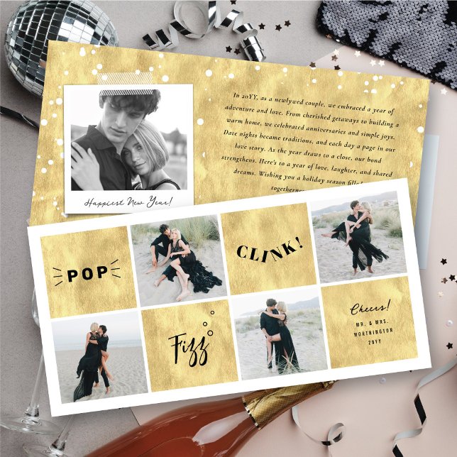 Popup Fizz Clink nyårsblock 4 Photo Collage Julkort (Pop Fizz Clink New Year Blocks 4 Photo Collage Holiday Card @ fat_fa_tin)