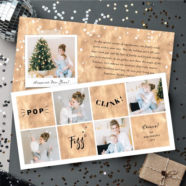 Popup Fizz Clink nyårsblock 4 Photo Collage Julkort (Pop Fizz Clink New Year Blocks 4 Photo Collage Holiday Card @ fat_fa_tin)