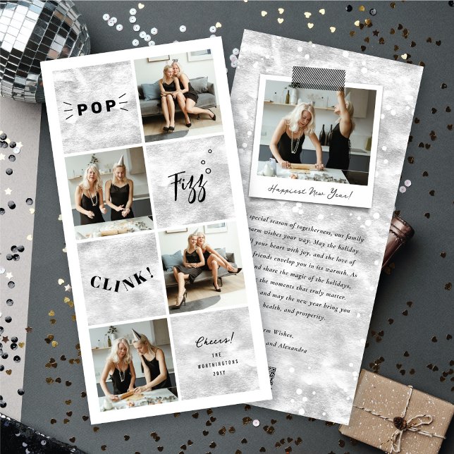 Popup Fizz Clink nyårsblock 4 Photo Collage Julkort (Pop Fizz Clink New Year Blocks 4 Photo Collage Holiday Card @ fat_fa_tin)
