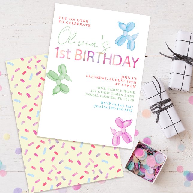 Popup över 1:a födelsedag (Blegon Animal Inbjudan) Inbjudningar (pastel first birthday party colorful animal balloon invitation)