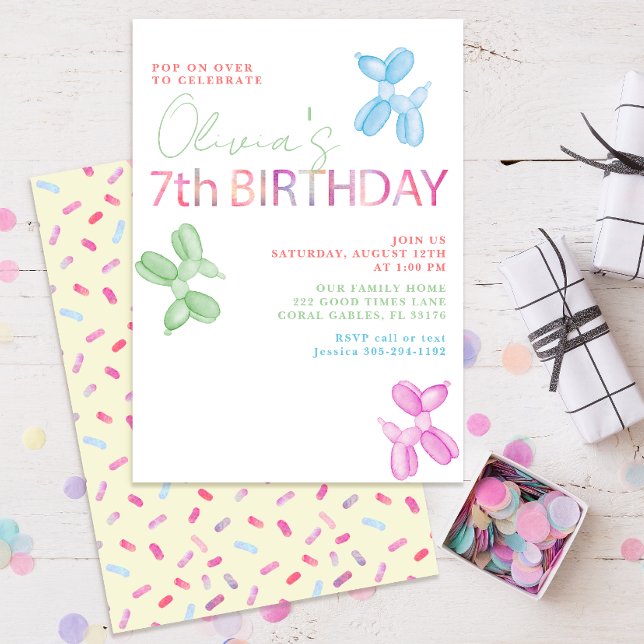 Popup över 7:e-födelsedag Inbjudan (cute pastel seventh birthday party invitations)