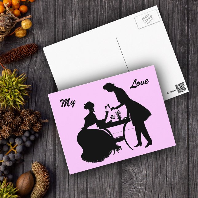 Popup till Kärlek Romantic Victorian Couple Postca Vykort (Romantic vintage couple black silhouette sharing wine on pink postcard.)