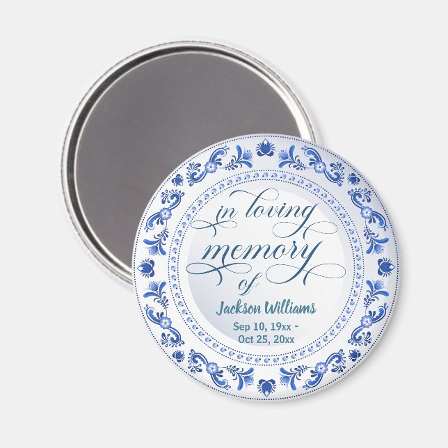 Porcelain Blue Blommigt Funeral Keepsaké Magnet (Front/Back)