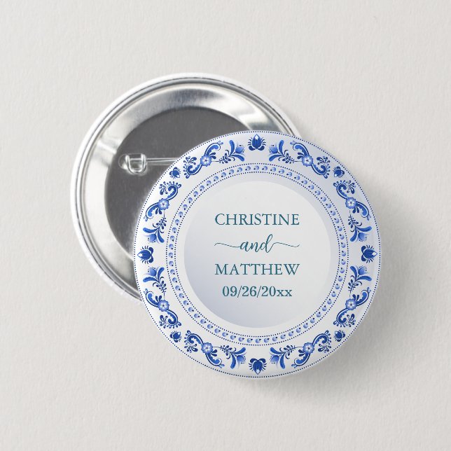 Porcelain Blue Blommigt Wedding Favor Knapp (Framsida & baksida)