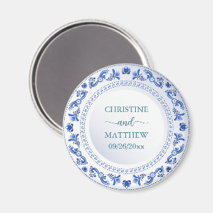 Porcelain Blue Blommigt Wedding Favor Magnet