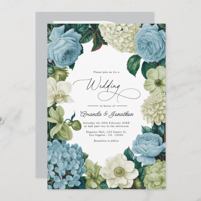 Porcelain Blue, Soft Sage & Ivory Wedding Inbjudningar (Fram/baksida)