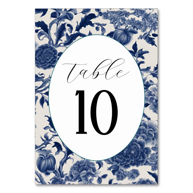 Porcelain Elegance: Blue Blommigt Bröllop Bordsnummer (Framsidan)