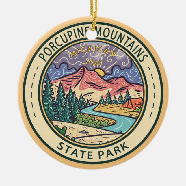 Porcupine Mountains State Park Michigan Badge Julgransprydnad Keramik (Framsidan)