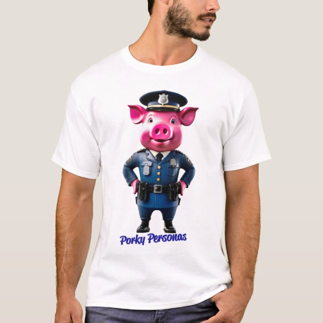 Porky Personas roliga Gris-tecken. Policeman T Shirt (Framsida)