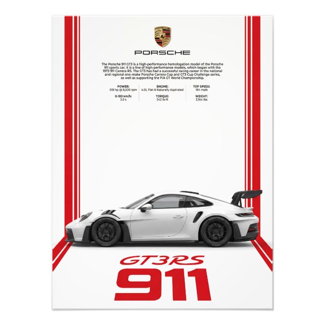 Porsche 911 GT3 RS Specs Affisch Fototryck (Framsidan)