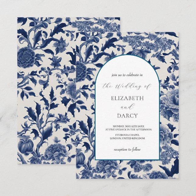 Porslins Elegans: Blå Blommig Bröllopsinbjudan Inbjudningar (Fram/baksida)