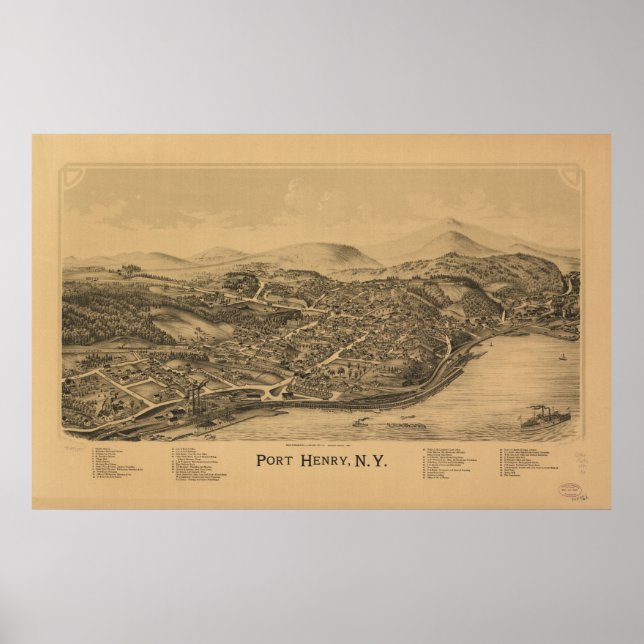 Port Henry New York 1889 Antique Panoramic Karta Poster (Framsidan)