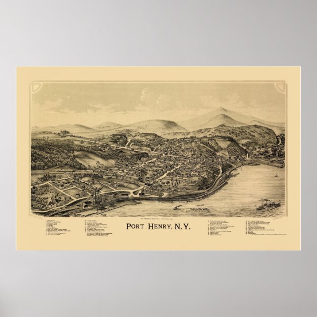 Port Henry, NY Panoramic Karta - 1889 Poster (Framsidan)