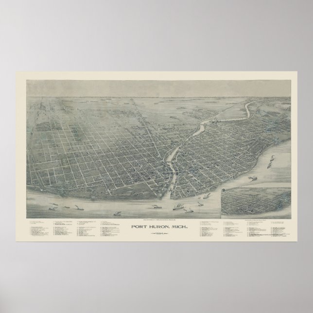 Port Huron, MI Panoramic Karta - 1894 Poster (Framsidan)