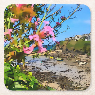 Port Isaac Cornwall Harbour Fishermans vänner Underlägg Papper Kvadrat