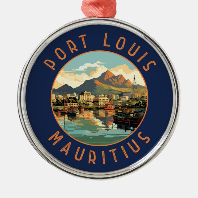 Port Louis Mauritius Retro Distress Circle Julgransprydnad Metall (Framsidan)
