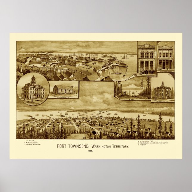 Port Townsend Washington Panoramic Karta 1888 Poster (Framsidan)
