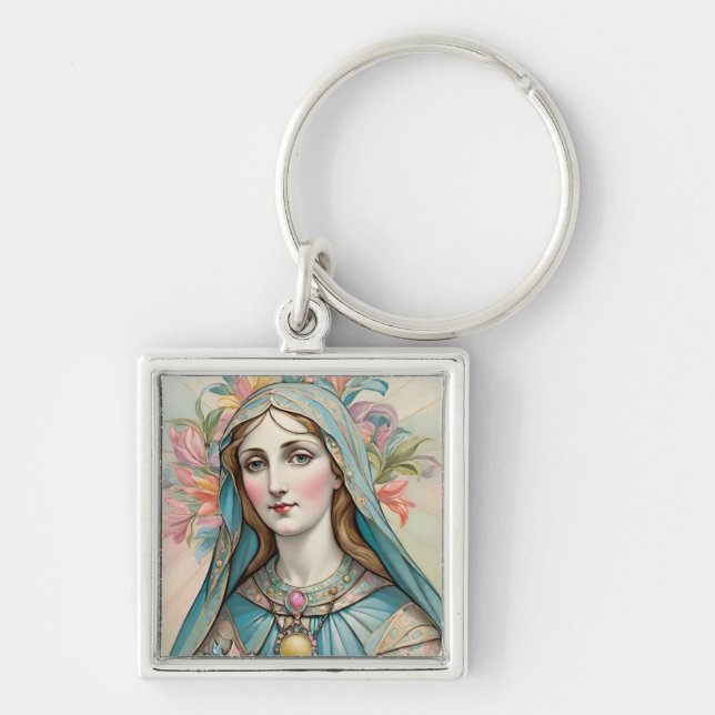 Porte clé Vierge Marie Fyrkantig Silverfärgad Nyckelring (Framsidan)