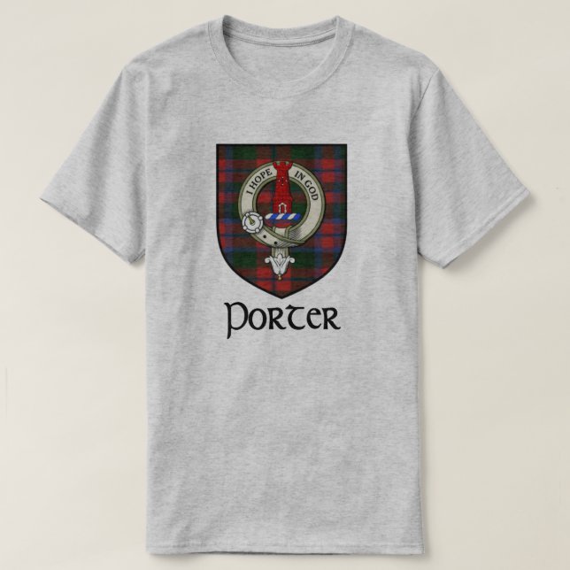 Porter Surname Scottish Klan Badge och Tartan T Shirt (Design framsida)