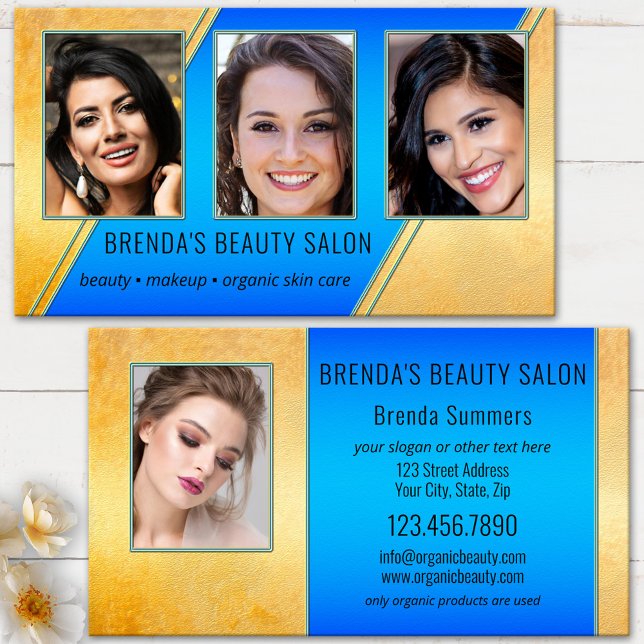 Portfolio Beauty Salon Blue Guld Visitkort (Modern beauty business card showing your photos framed by a turquoise blue and gold artistic design)