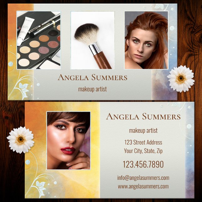 Portfolio Cosmetolog Makeup Artist Visitkort (Business card featuring a photo portfolio framed by an artistic design with floral swirls)