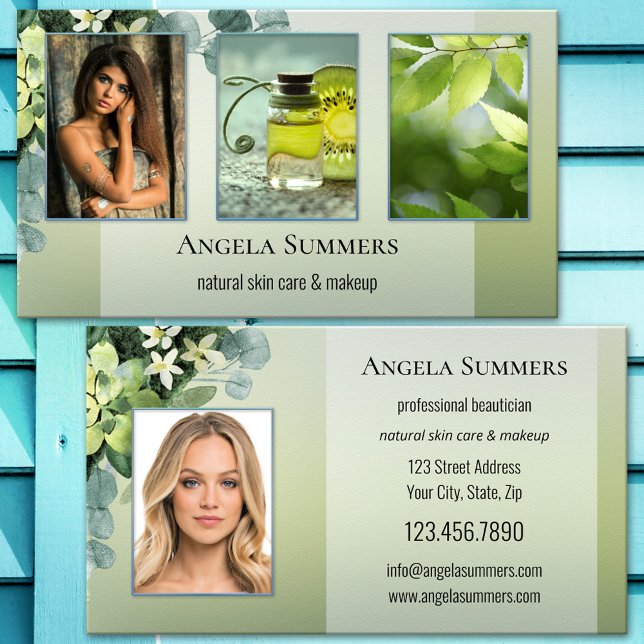Portfolio Organic Beauty Beautician Visitkort (Beautician or spa business card featuring your photos on elegant green watercolor leaves)
