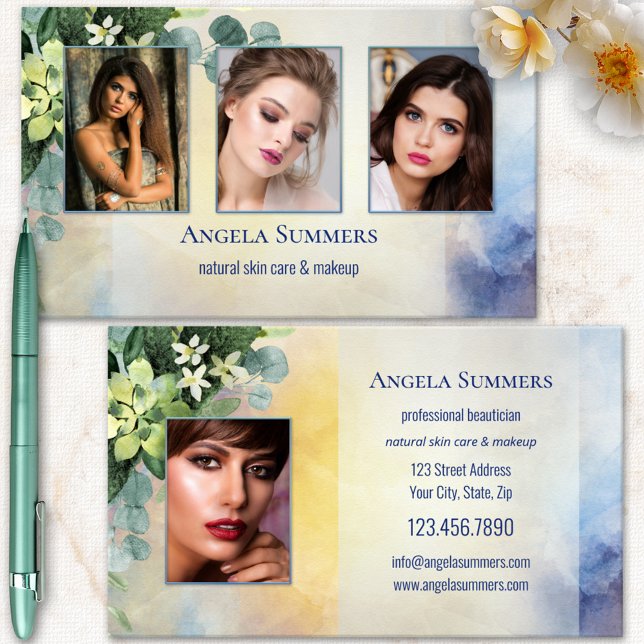 Portfolio Organic Beauty Makeup Artist Visitkort (Photo template beauty business card with watercolor flowers and elegant design)