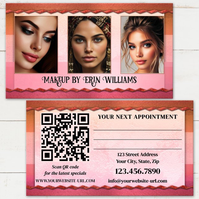 Portfolio Photo Beauty and Makeup Tidsbeställning Kort (Chic pink beauty portfolio appointment business card with QR code template)