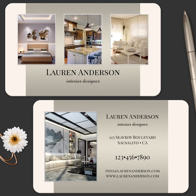 Portfölj Inredningsdesigner Visitkort (Portfolio interior design professional business card in tan metal with custom colors)