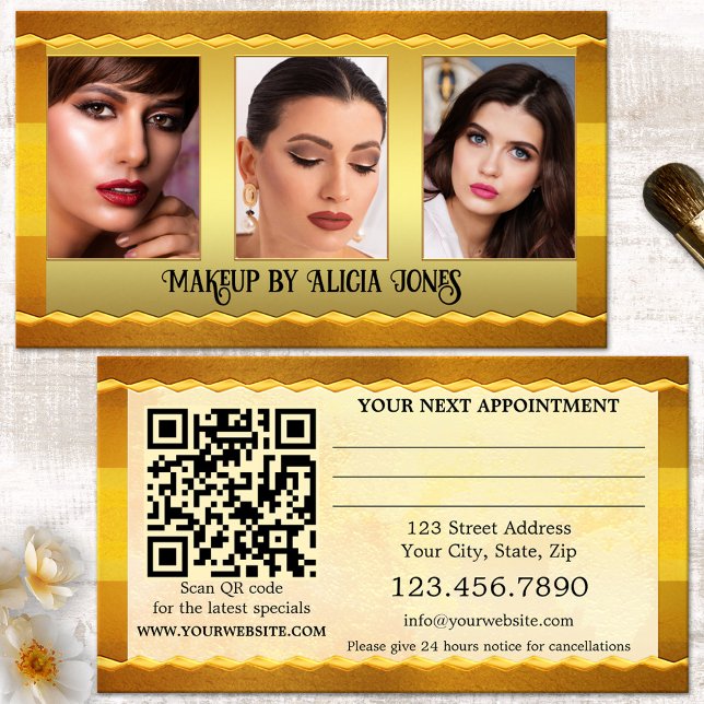 Portföljfotomakeup - tilläggskort för skönhetstjän tidsbeställning kort (Elegant photo appointment business card in gold artistic style with QR code template - makeup artist)