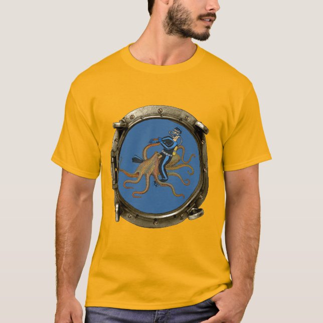 Porthole View of a SCUBA Diver Riding an Octopus T Shirt (Framsida)