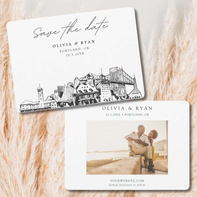 Portland Bröllop Skyline Skiss Spara datumet  Inbjudningar (Portland Save the Date Black and White Skyline with Engagement Photo)