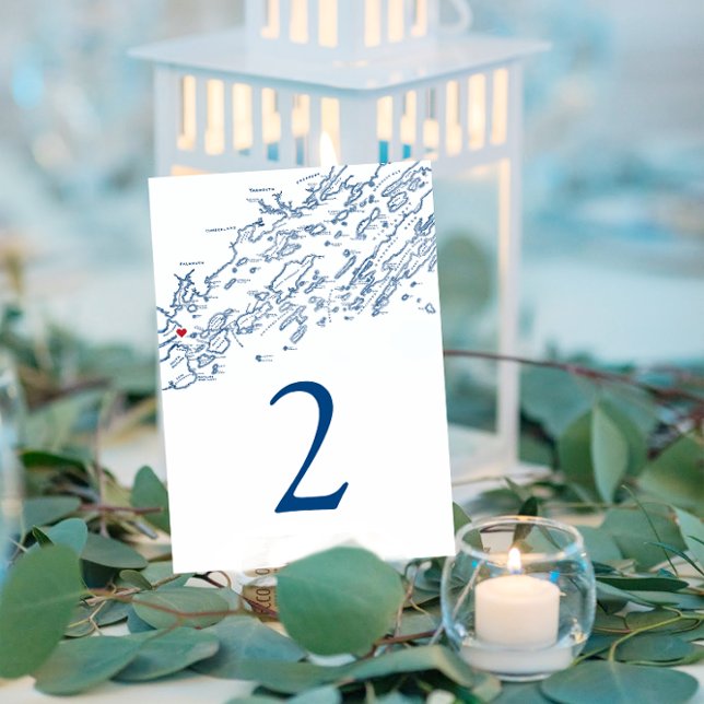 Portland Casco Bay Karta Elegant Navy Bröllop Bordsnummer (These Portland Maine wedding table numbers are perfect for your Casco Bay destination wedding.
)