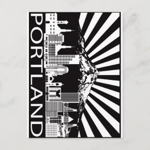 Portland City Skyline och Mount Huva Black White Vykort