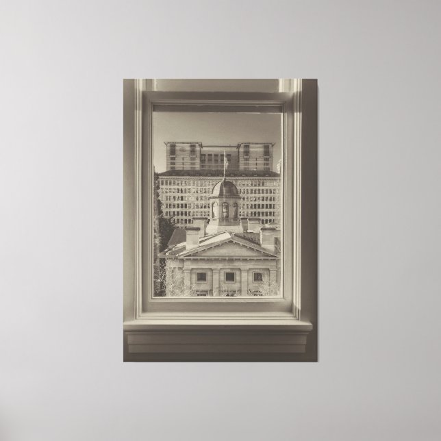 Portland Cityscape genom en Window sepia Canvastryck (Framsida)