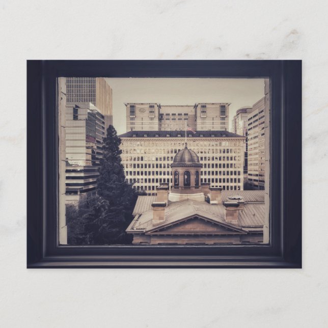 Portland Cityscape through Window Ram Vykort (Framsida)