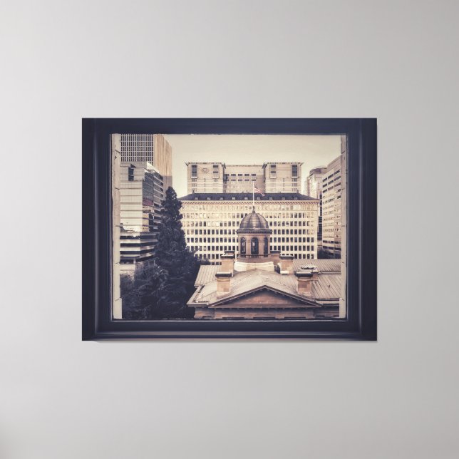 Portland Cityscape View genom Window Ram Canvastryck (Framsida)