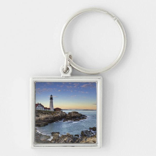 Portland Head fyr Fyrkantig Silverfärgad Nyckelring (Framsidan)