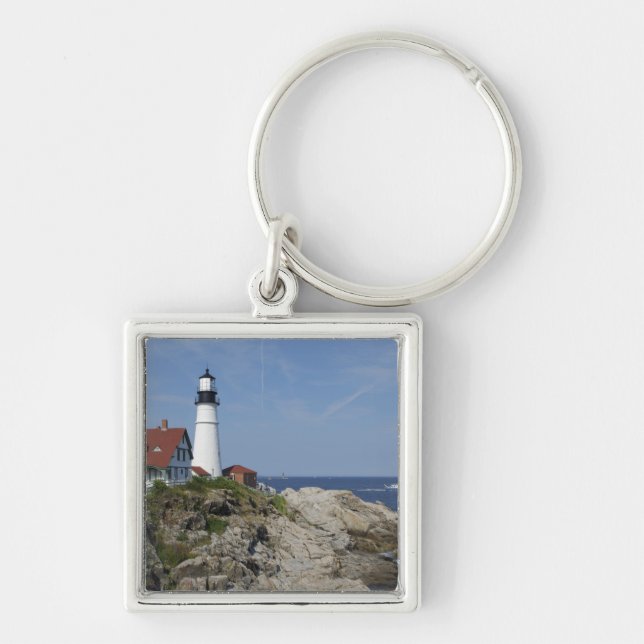 Portland Head Light, Cape Elizabeth, Maine Fyrkantig Silverfärgad Nyckelring (Framsidan)