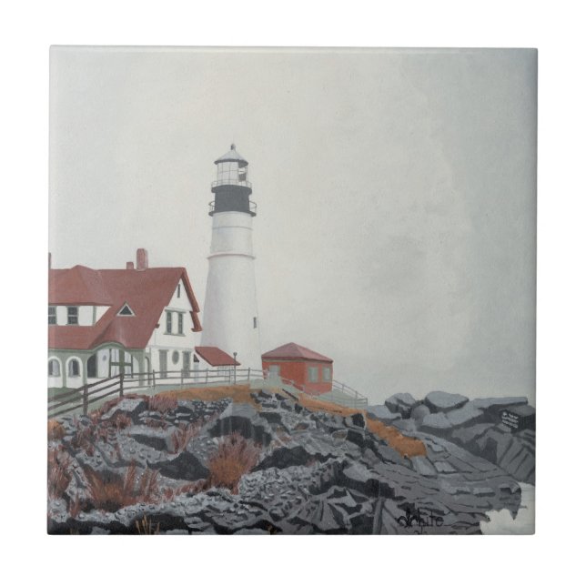 Portland Head Light in Fog Kakelplatta (Framsidan)