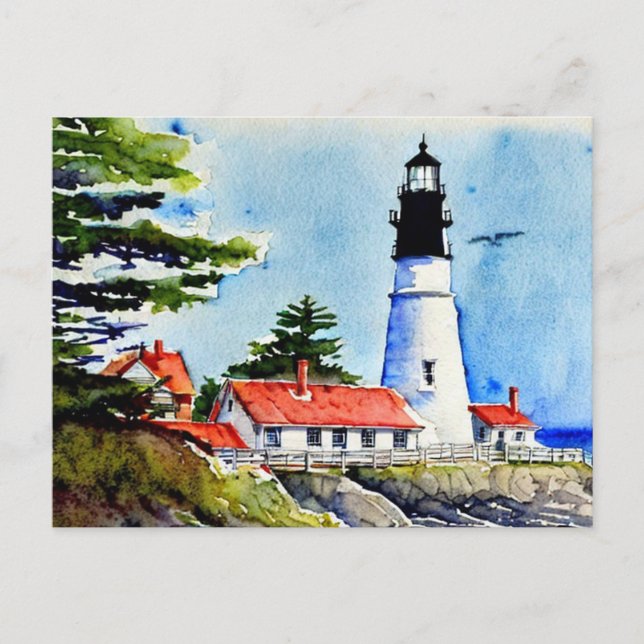 Portland Head Light Maine Watercolor Vykort (Framsida)